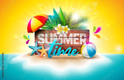 Summer Time Holiday Illustration with Typography on Vintage Wood Board and Beach Elements. Tropical Plants, Flower, Beach Ball and Sunshade on Ocean Landscape Backgound. Vector Design for Banner