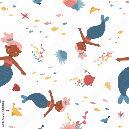 Colored pattern of fantasy underwater world with dark skinned mermaid, seaweed and fish