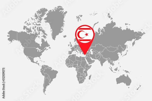 Pin map with North Northern Cyprus flag on world map. Vector illustration.