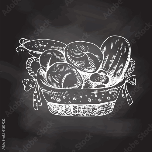 Vector hand drawn illustration of wicker basket with bread.  White sketch isolated on black chalkboard. Sketch icon and bakery element for print, web, mobile and infographics.