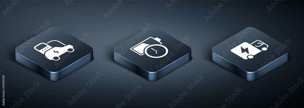 Set Isometric Electric car, truck and Battery charge icon. Vector Set Isometric Electric car, truck and Battery charge icon. Vector