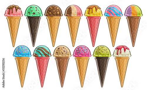 Vector Ice Cream Set, lot collection of cut out different illustrations of group refreshing scoop ball ice creams in waffle cones, icon set of bright kids soft icecreams in a row on white background