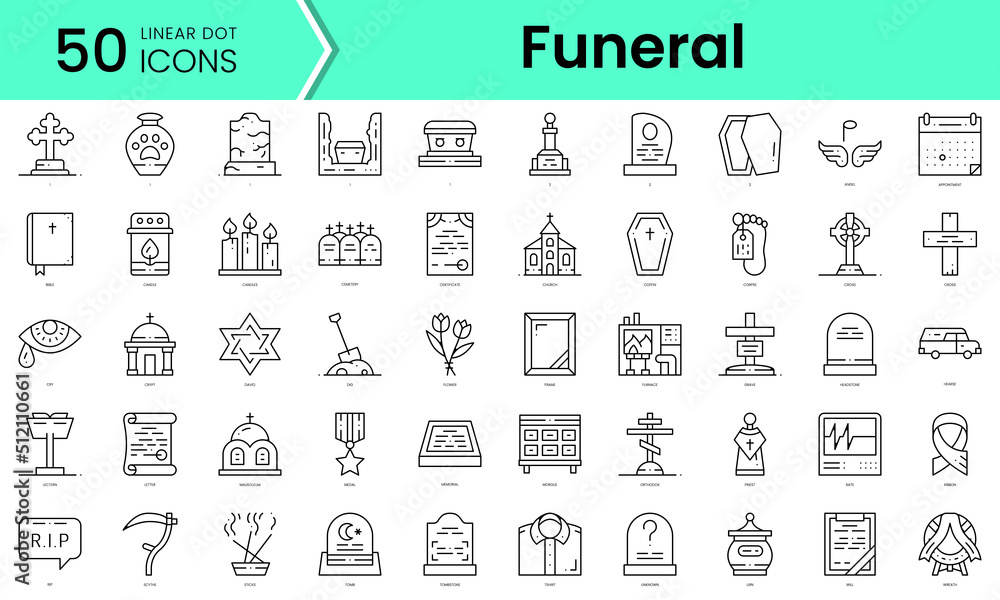 funeral Icons bundle. Linear dot style Icons. Vector illustration