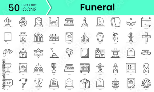 funeral Icons bundle. Linear dot style Icons. Vector illustration