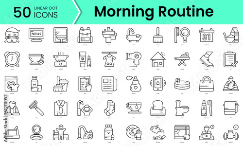 morning routine Icons bundle. Linear dot style Icons. Vector illustration