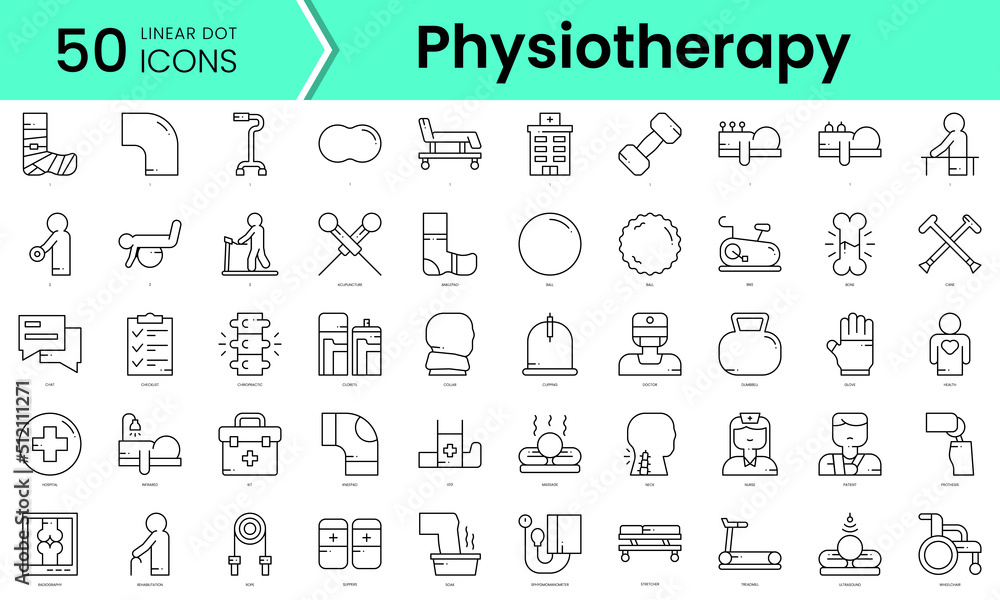 physiotherapy Icons bundle. Linear dot style Icons. Vector illustration