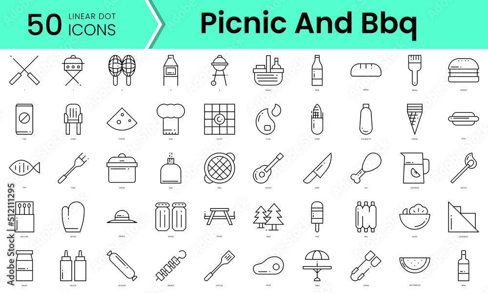 picnic and bbq Icons bundle. Linear dot style Icons. Vector illustration
