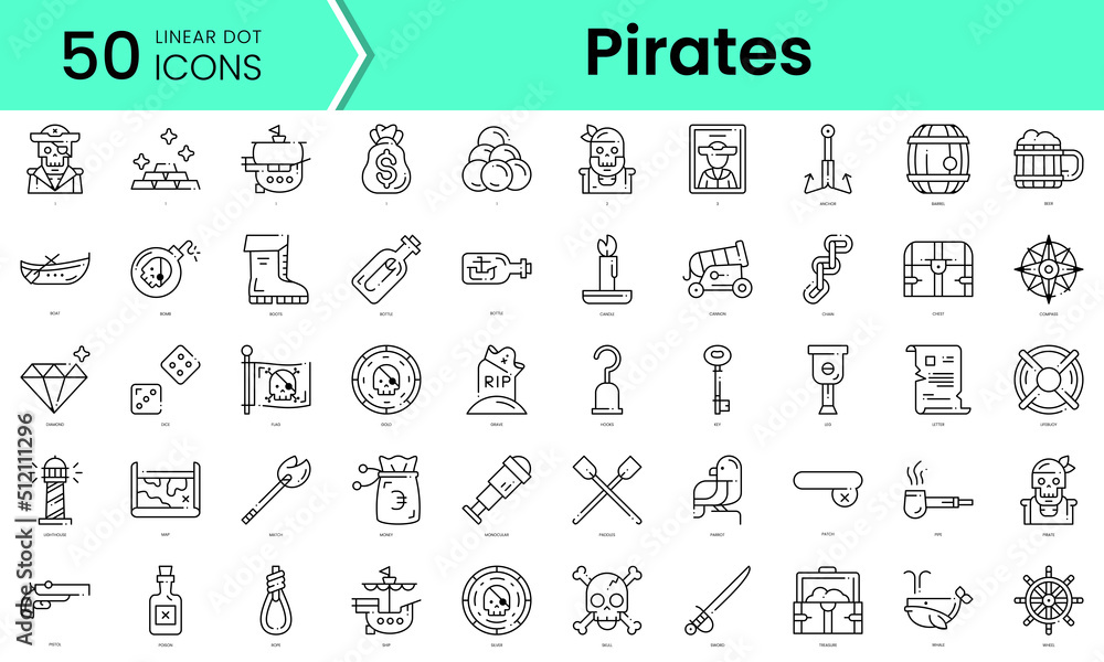 pirates Icons bundle. Linear dot style Icons. Vector illustration