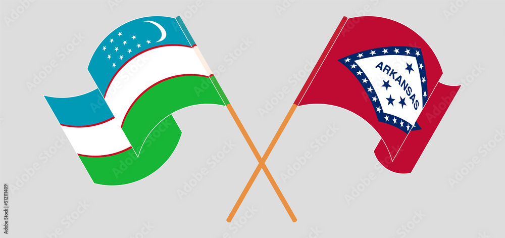 Crossed and waving flags of Uzbekistan and The State of Arkansas Crossed and waving flags of Uzbekistan and The State of Arkansas