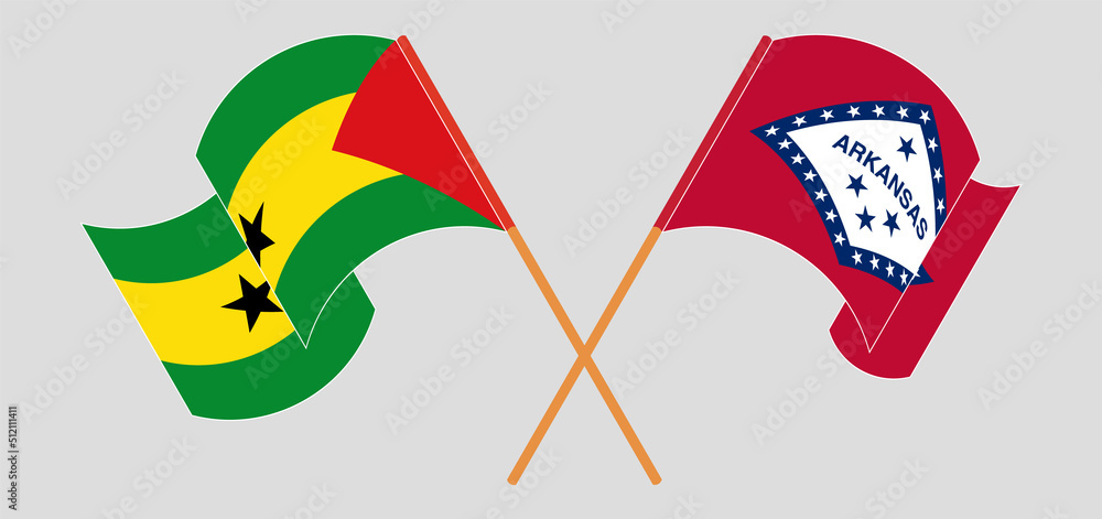 Crossed and waving flags of Sao Tome and Principe and The State of Arkansas Crossed and waving flags of Sao Tome and Principe and The State of Arkansas