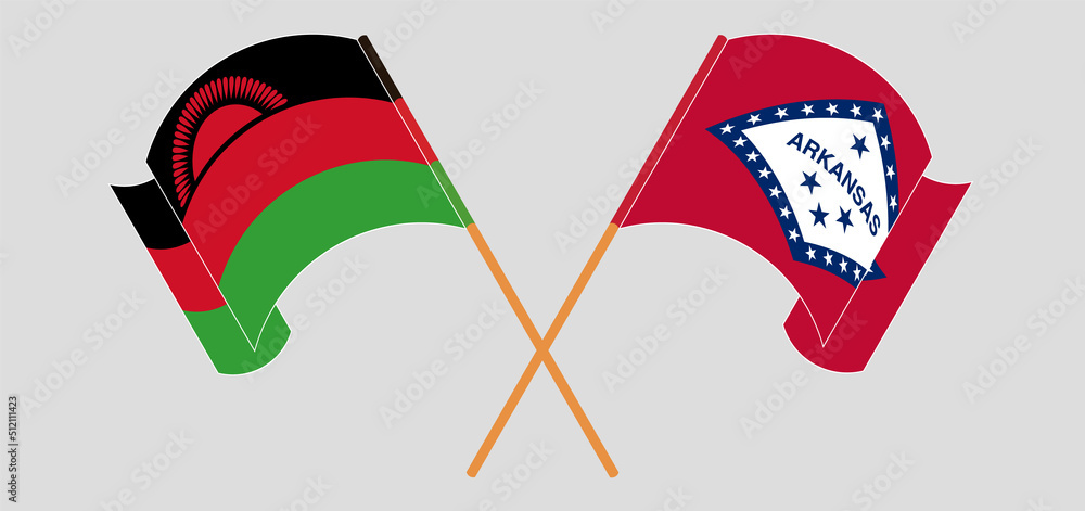 Crossed and waving flags of Malawi and The State of Arkansas