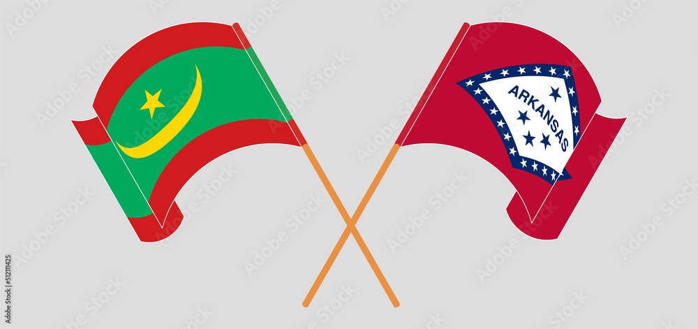 Crossed and waving flags of Mauritania and The State of Arkansas Crossed and waving flags of Mauritania and The State of Arkansas