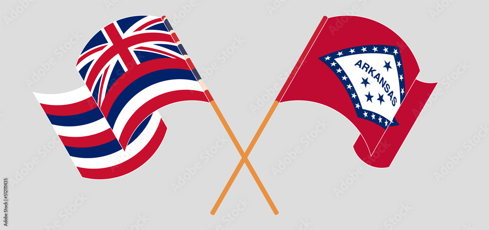 Crossed and waving flags of The State Of Hawaii and The State of Arkansas Crossed and waving flags of The State Of Hawaii and The State of Arkansas