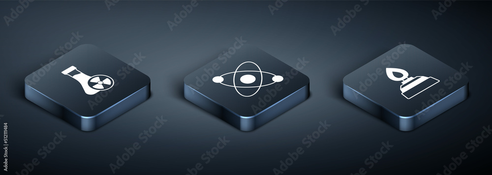 Set Isometric Test tube with toxic liquid, Alcohol or spirit burner and Atom icon. Vector Set Isometric Test tube with toxic liquid, Alcohol or spirit burner and Atom icon. Vector