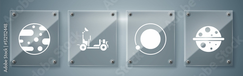 Set Planet Saturn, Satellites orbiting the planet Earth, Mars rover and Planet Mars. Square glass panels. Vector