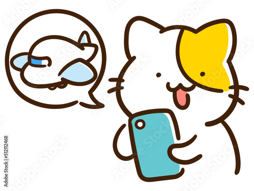 オンラインで飛行機の搭乗券を購入するかわいいねこのデフォルメイラスト