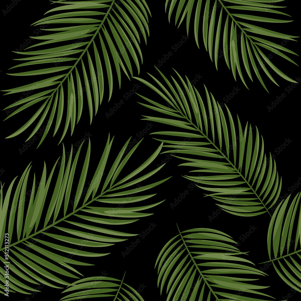 Seamless pattern with palm leaves. Tropical plants on a black background. Prints, textiles, bedding, packaging design and wallpaper.