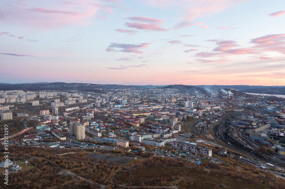 Evening Murmansk from above, Russian North