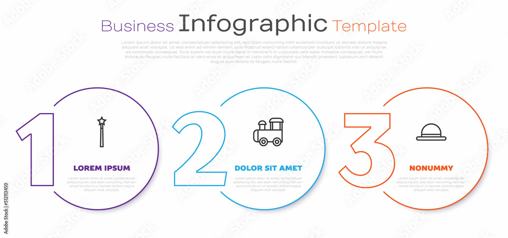 Set line Magic wand, Toy train and Clown hat. Business infographic template. Vector