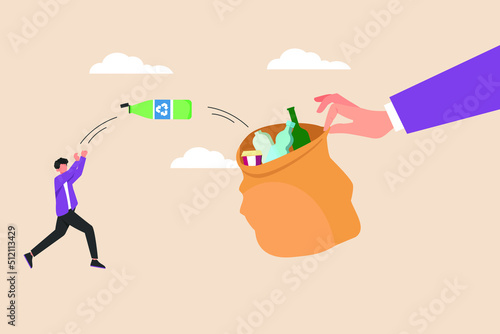 Young man throw used bottles into the garbage bank. Eco friendly concept. Colored flat vector illustration.