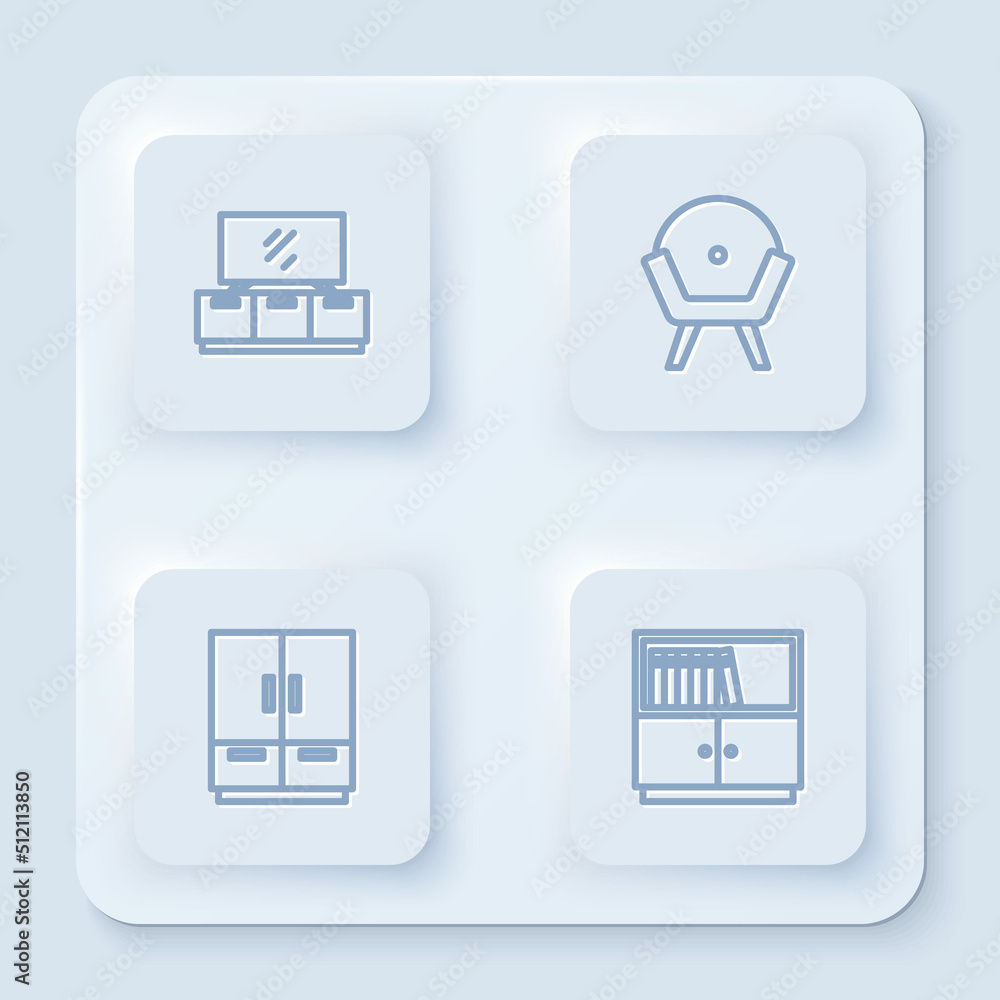 Set line TV table stand, Armchair, Wardrobe and Library bookshelf. White square button. Vector Set line TV table stand, Armchair, Wardrobe and Library bookshelf. White square button. Vector