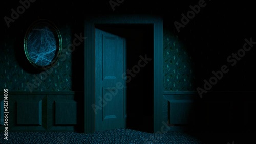A door opens slowly in the dark creepy corridor 3d 4K animation. Spooky interior of the old house with copy space