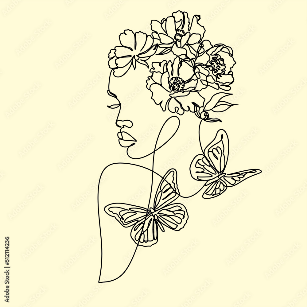 Woman face with flowers. Line art female hands with flowers. Abstract ...
