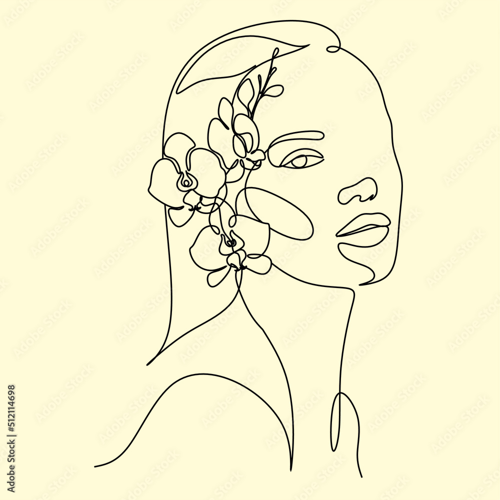 Line Art Woman Face with Flowers Continuous One Line Drawing. Female ...