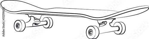 skateboard deck, truck and wheel, sports equipment for skateboarding sketch drawing, contour lines drawn