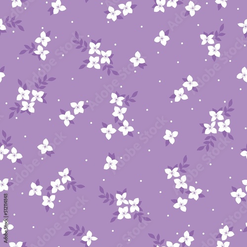 Simple vintage pattern. Small white flowers and dots on a lilac background. Fashionable print for textiles and wallpaper.