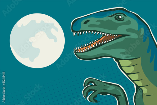 Ancient lizard raptor on the background of the moon. Scary monster with teeth and claws. Predatory dinosaur of the Jurassic period. Vector cartoon art illustration hand drawn. Pop art style