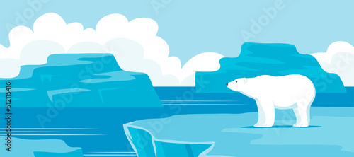 Big polar white bear. Wild mammal of the Arctic. Strong animal predator. White wool. Background with ice floes. Fauna and zoo. Cartoon vector illustration banner