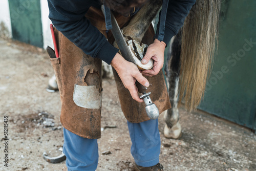 Unrecognizable farrier trimming hoof of horse