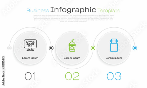 Set line Cow head, Milkshake and Can container for milk. Business infographic template. Vector