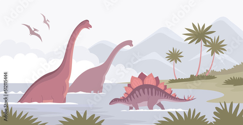 Big brachiosaurus and stegosaurus. Lizards bathe in water. Herbivorous dinosaur of the Jurassic period. Vector cartoon illustration. Prehistoric pangolin. Science paleontology. Wild landscape
