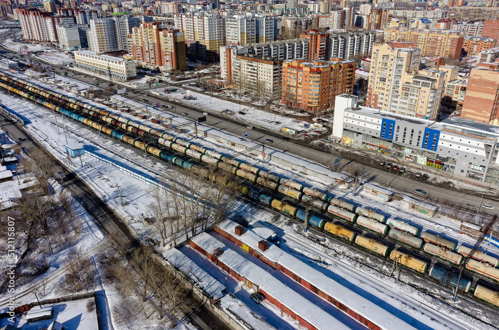 Train between old and new districts of Tyumen city