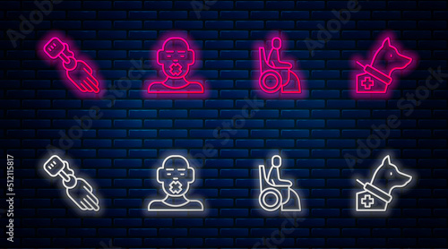 Set line Head of deaf and dumb, Woman in wheelchair, Prosthesis hand and Guide dog. Glowing neon icon on brick wall. Vector