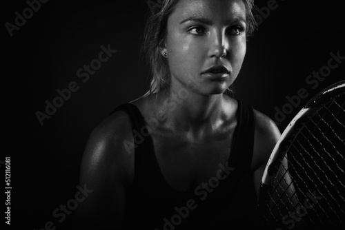 Young blonde girl athlete, sweating after tennis training