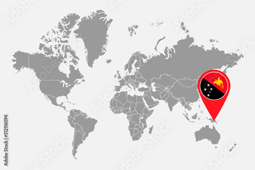 Pin map with Papua New Guinea flag on world map. Vector illustration.