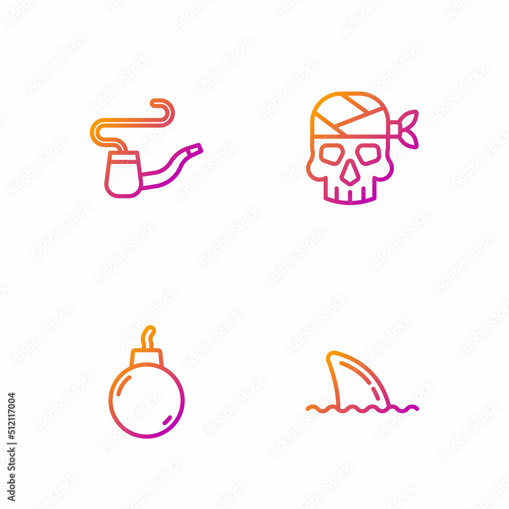 Set line Shark fin in ocean wave, Bomb ready to explode, Smoking pipe and Pirate captain. Gradient color icons. Vector Set line Shark fin in ocean wave, Bomb ready to explode, Smoking pipe and Pirate captain. Gradient color icons. Vector