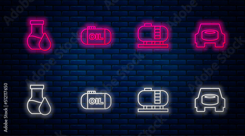 Set line Oil tank storage, , petrol test tube and Spare wheel in the car. Glowing neon icon on brick wall. Vector