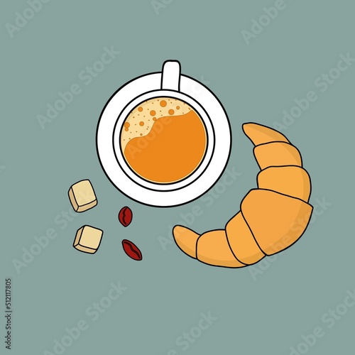 Hot creamy coffee in white cup with croissant sugar lumps and coffee beans. Cozy breakfast atmosphere cafe menu concept