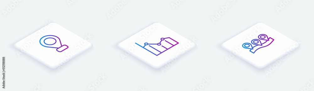 Set Isometric line Location, Pie chart infographic and . White square button. Vector Set Isometric line Location, Pie chart infographic and . White square button. Vector