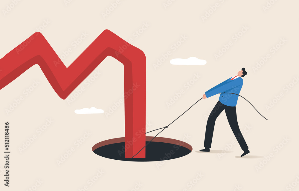 The stock market crashed during a crisis or the bubble burst. investment or economic recession. Investment risk. Man helping arrow chart falling into a black hole as the stock market is turning down.