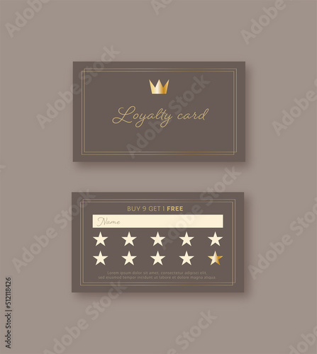 Vector bonus card, loyalty card template with gold crown and stars for coffee company. Luxury design, brown background
