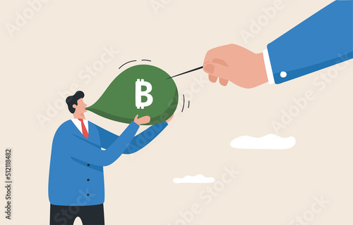 Bitcoin bubble or crypto currency. The economic crisis, the recession, as well as investment risks. A businessman blows a balloon and a giant hand holds a needle.