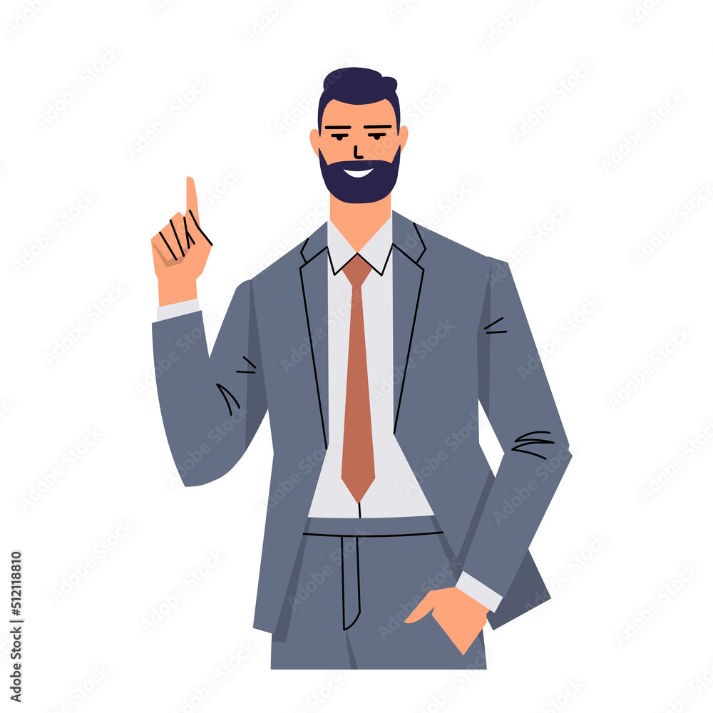 Elegant man in a gray suit and tie shows his index finger. Confident businessman gives advice. Portrait of smiling isolated character on white background. Flat style. Vector illustration. Elegant man in a gray suit and tie shows his index finger. Confident businessman gives advice. Portrait of smiling isolated character on white background. Flat style. Vector illustration.