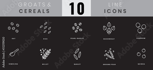 Grains and cereals icons. In lineart, outline style. For wesite design, mobile app, software