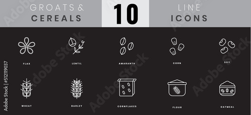 Grains and cereals icons. In lineart, outline style. For wesite design, mobile app, software