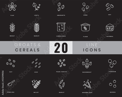 Grains and cereals icons. In lineart, outline style. For wesite design, mobile app, software